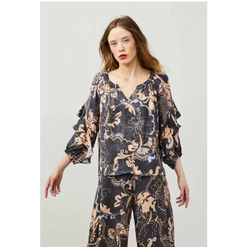 3225) Odd Molly Asphalt Riley Blouse Floral Flounce Loose Fit Size US 14/16